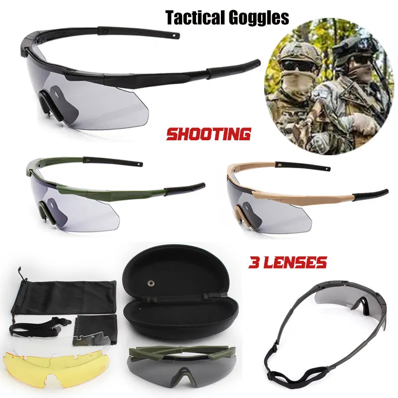  Tactical Goggles Safety Glasses 3 Lens Protection Eyewear 
