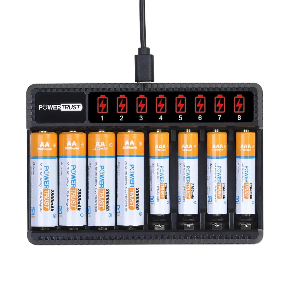   Powertrust AA & AAA Rechargeable Batteries | 8-Slot Charger Included   