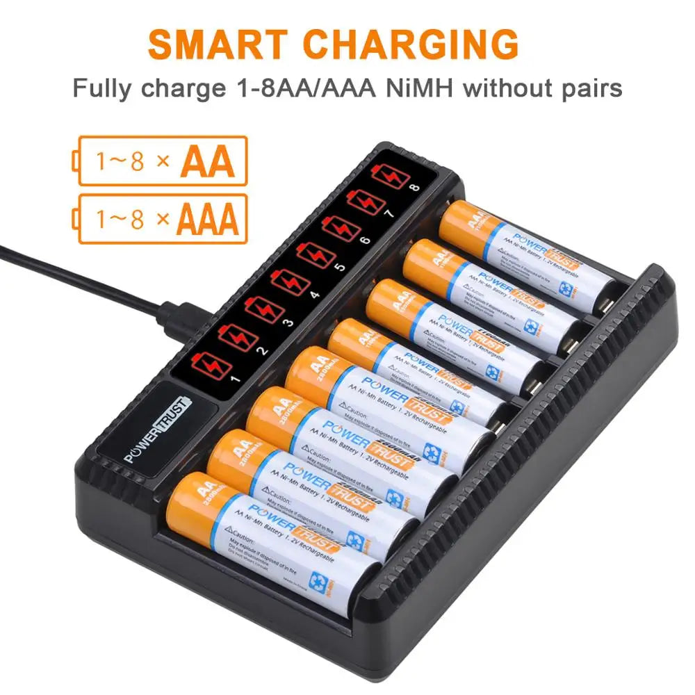   Powertrust AA & AAA Rechargeable Batteries | 8-Slot Charger Included   