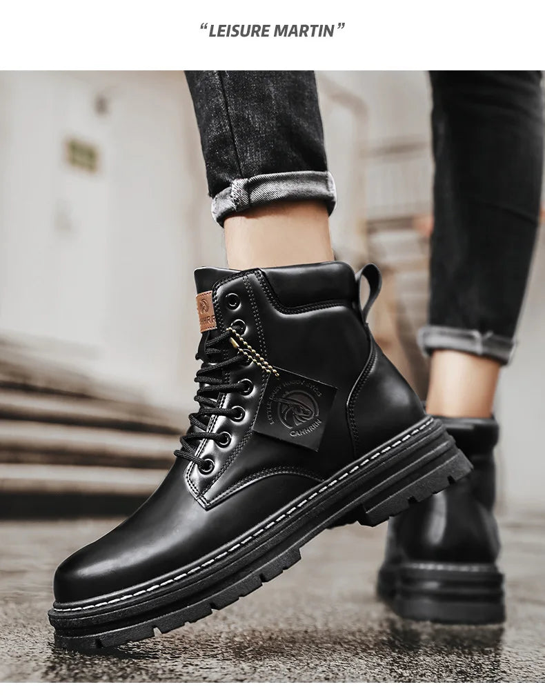  High Top Boots Men's Leather Shoes Fashion Motorcycle Ankle Military Boots for Men Winter Boots Man Shoes Lace-Up Botas Hombre 