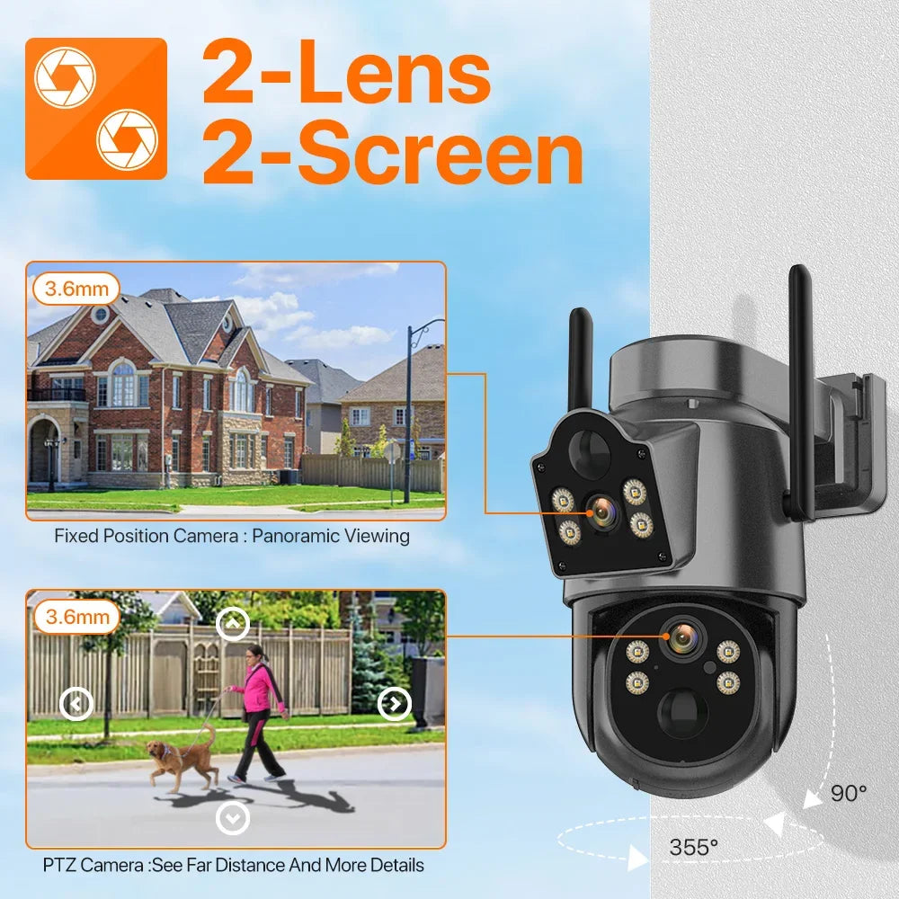  Solar PTZ Camera Outdoor Dual Lens WiFi Solar Panel Security Camera 4MP HD Wireless Video Surveillance iCsee Built-in Battery 