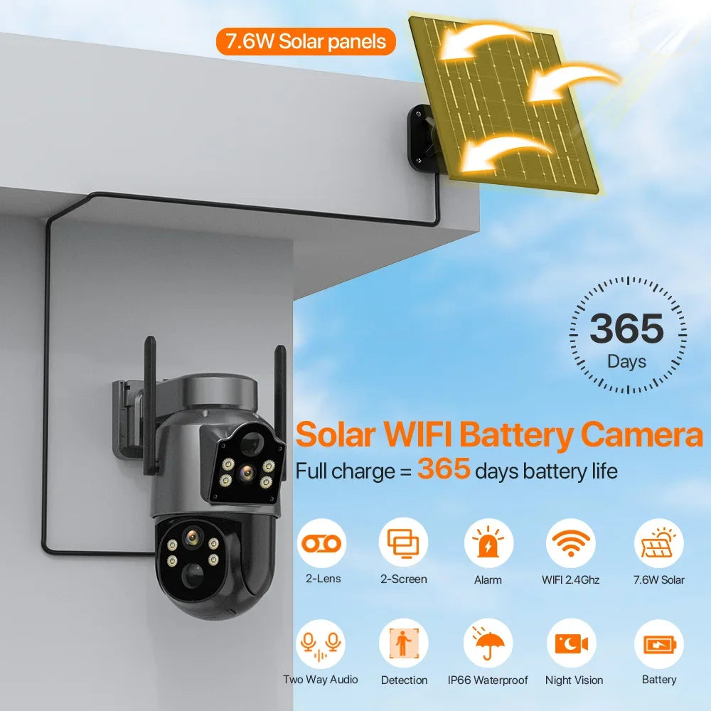   WiFi Solar PTZ IP Camera - Dual Lens Screen Outdoor Surveillance   