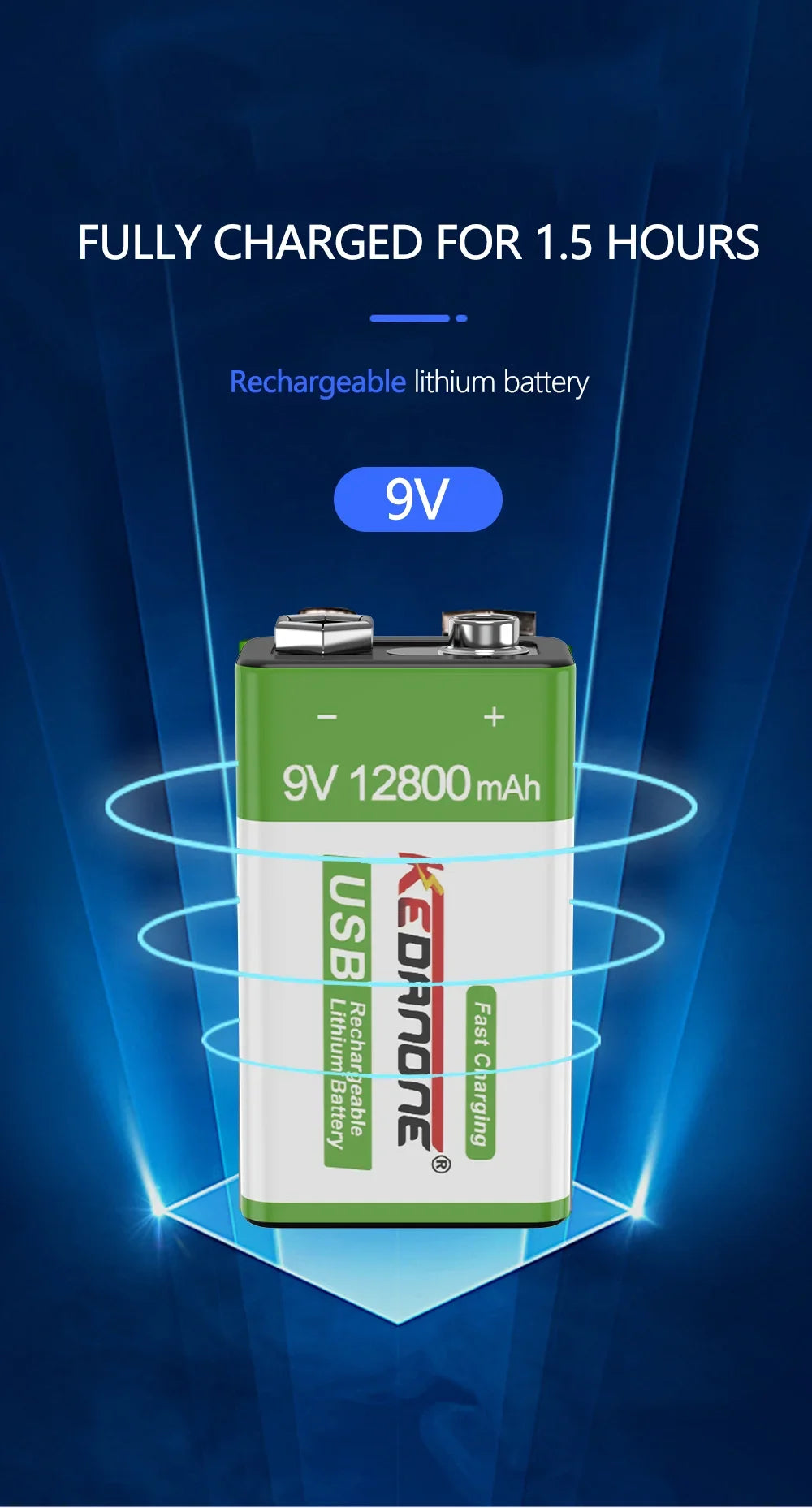   New 9V Rechargeable Battery 12800mAh Micro USB Lithium Batteries   