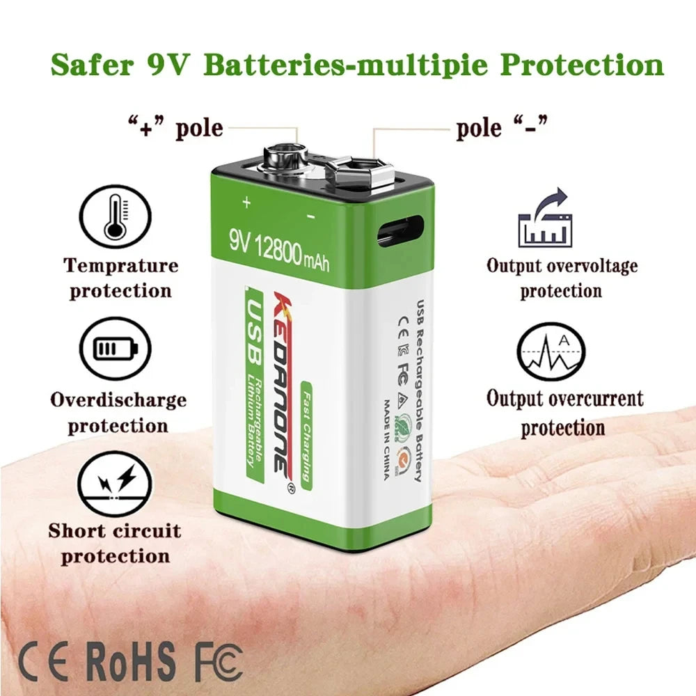   New 9V Rechargeable Battery 12800mAh Micro USB Lithium Batteries   