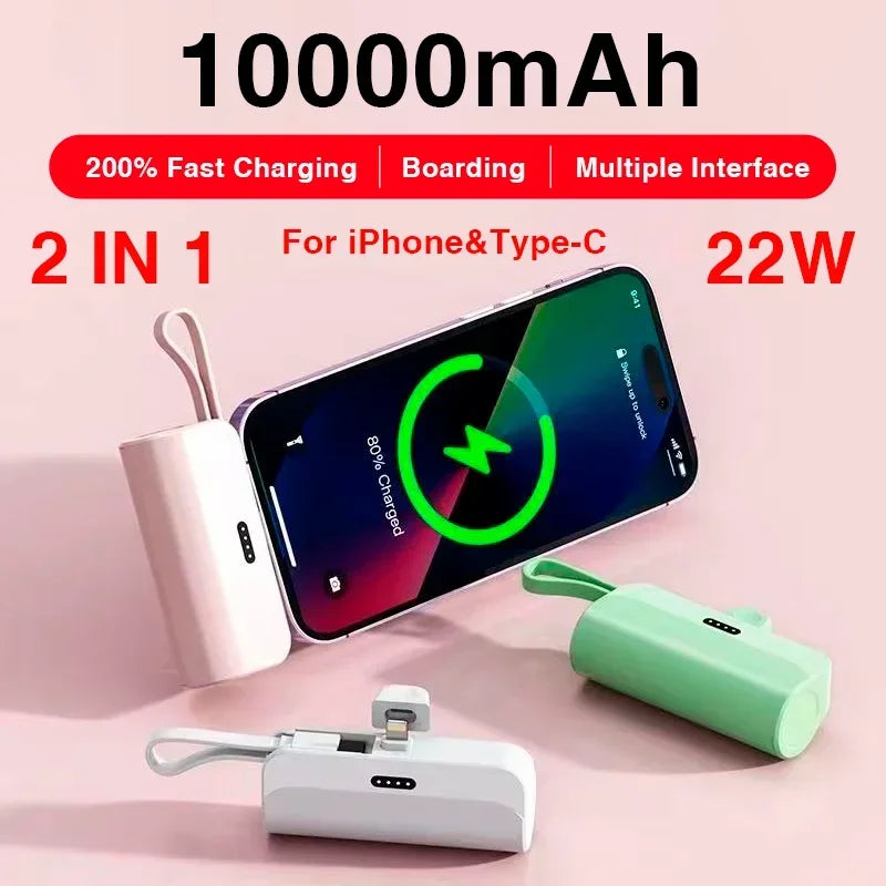 10000mAh Mini Power Bank 2 IN 1 Fast Mobile Phone Charger External Battery Power Bank Plug Play Type-C For iPhone Samsung Huawei #
