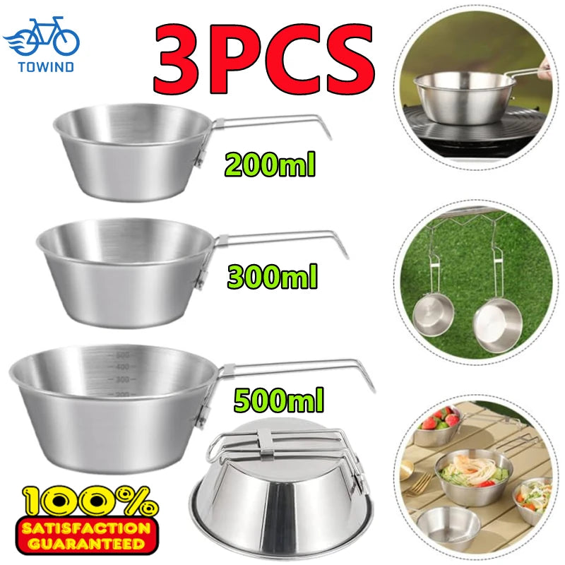  New 3/1PC Outdoor 304 Stainless Steel Folding Bowl Picnic Rice Bowl Barbecue Mountaineering Water Cup Camping Portable Cooker #