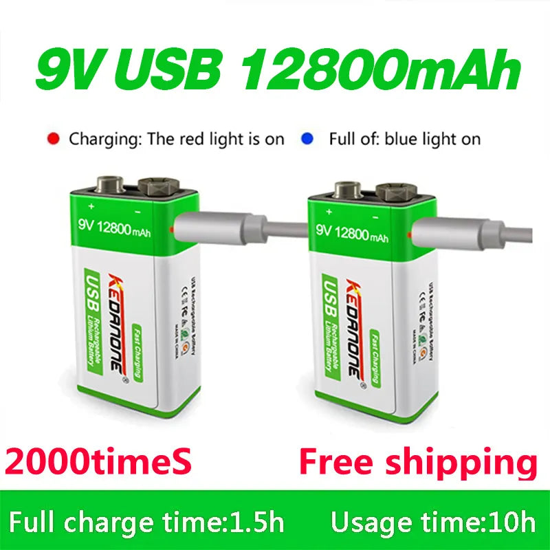  9V Rechargeable 12800mAh 6F22 Micro USB 9v Li-ion Lithium Batteries #