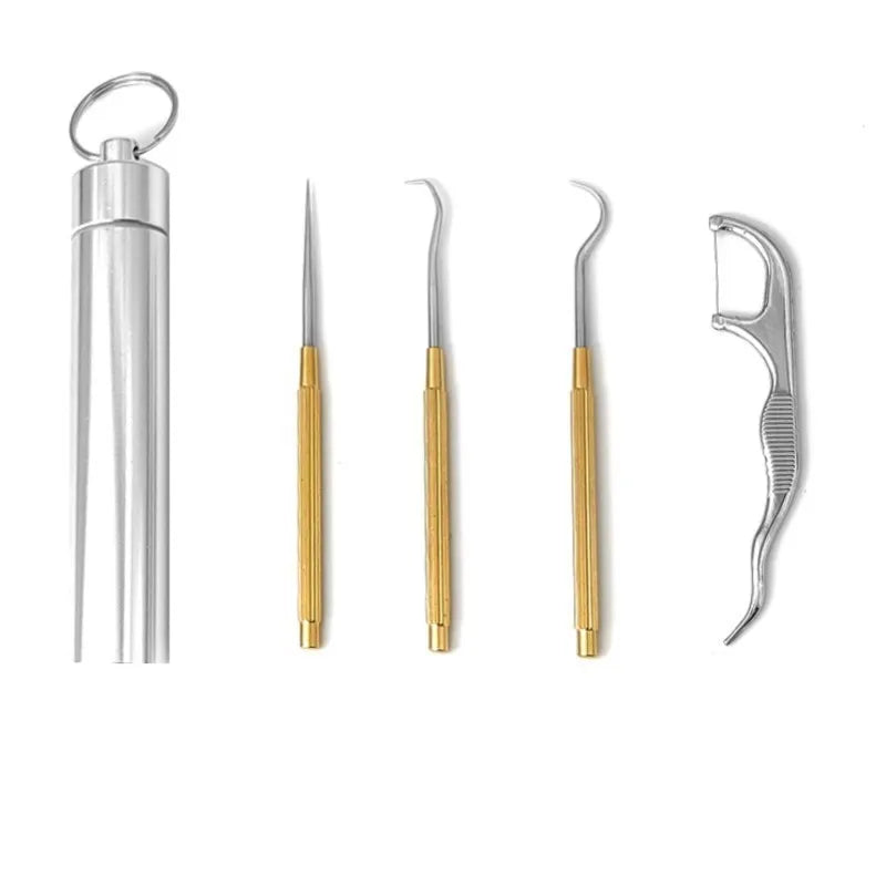  Portable Dental Tool Set Flossing Tooth Picking Tool Metal Stainless Steel Spiral Ear Pick Spoon Kit Oral Hygiene Tartar Removal 