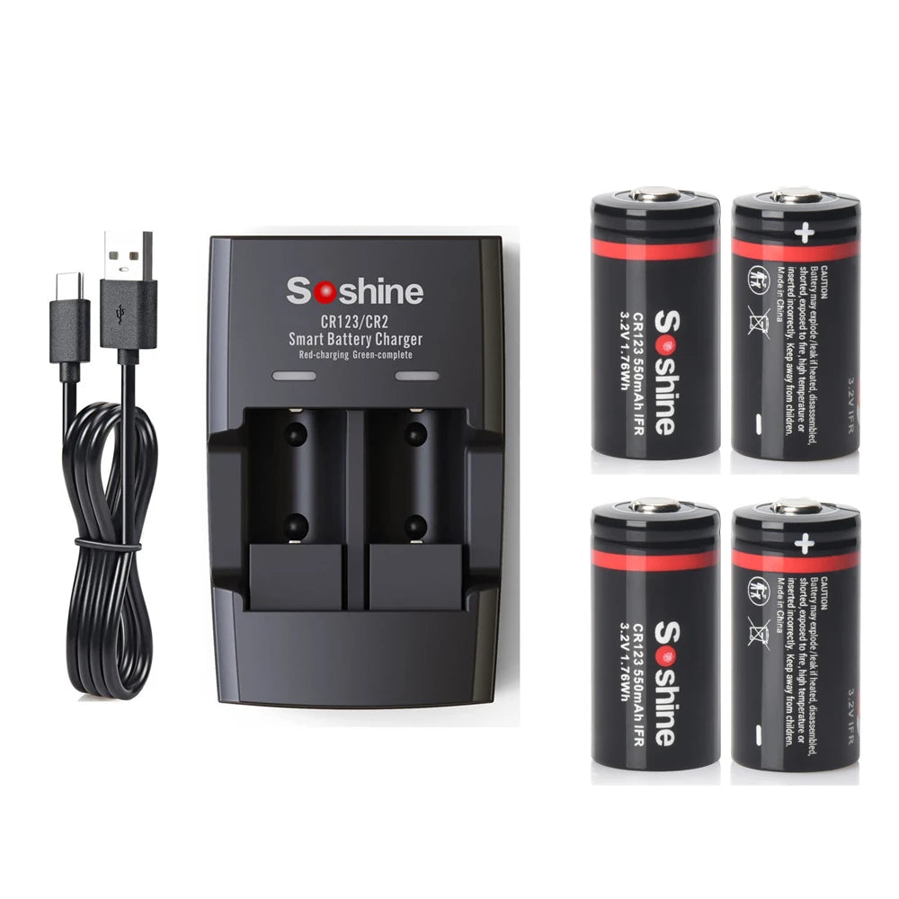  Soshine LiFePO4 RCR123 550mAh Battery and Smart LiFePO4 Charger 3.2V 550mAh 16340 Rechargeable Battery 2000 Time Discharge Cycle 