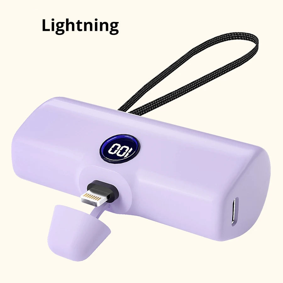   Portable Power Bank - 5000mAh, Built-In Cables, LED Lamp, Multi-Color   