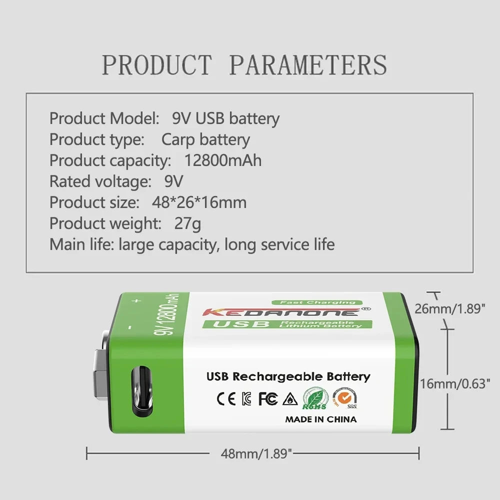   New 9V Rechargeable Battery 12800mAh Micro USB Lithium Batteries   