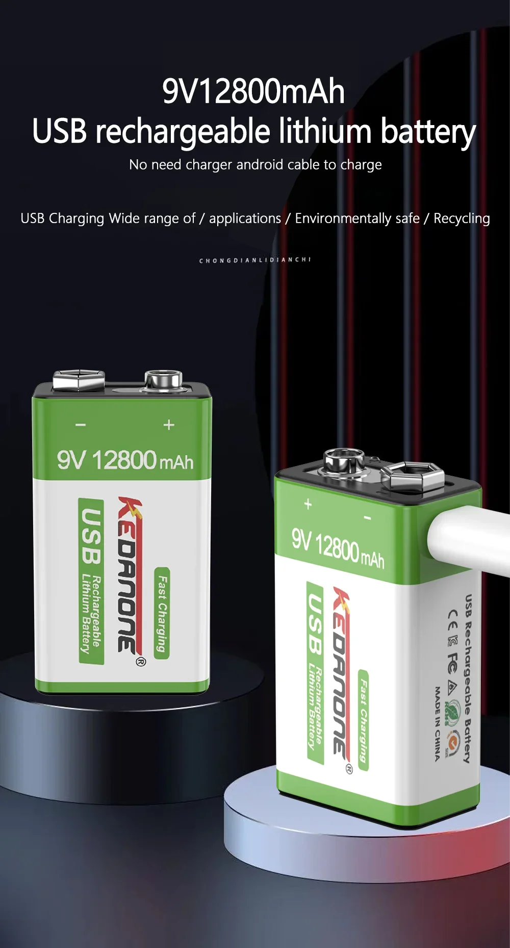   New 9V Rechargeable Battery 12800mAh Micro USB Lithium Batteries   