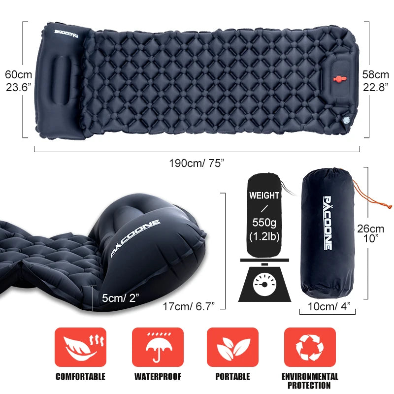   PACOONE Compact Inflatable Sleeping Pad – Built-In Air Pump   