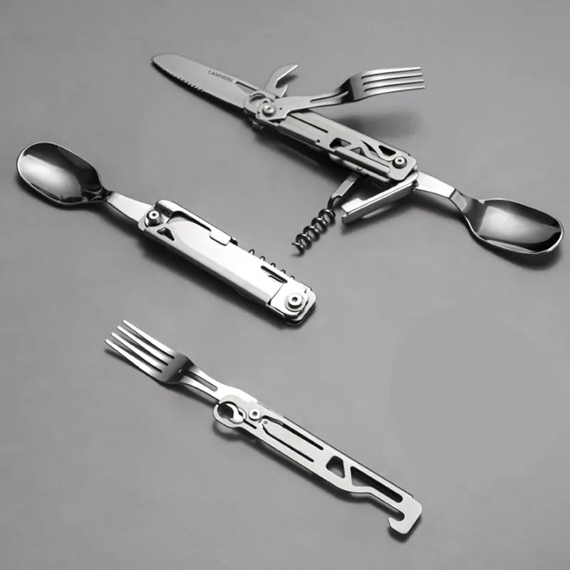   Outdoor Tableware Multi-function Portable Knife Fork Spoon Bottle Opener Foldable Cutlery Camping Equipment   