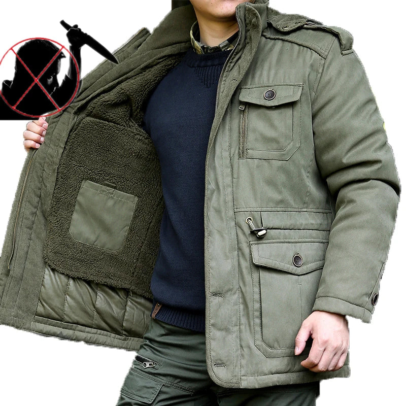   Men's Army Green Winter Jacket with Cargo Pockets and Sherpa Lining   