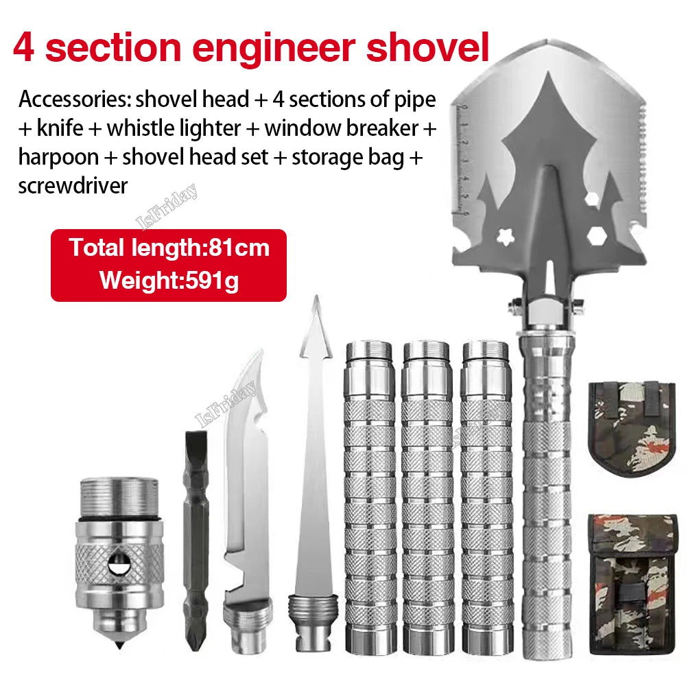   4 Section Engineer Shovel with Multi-Tool Accessories   