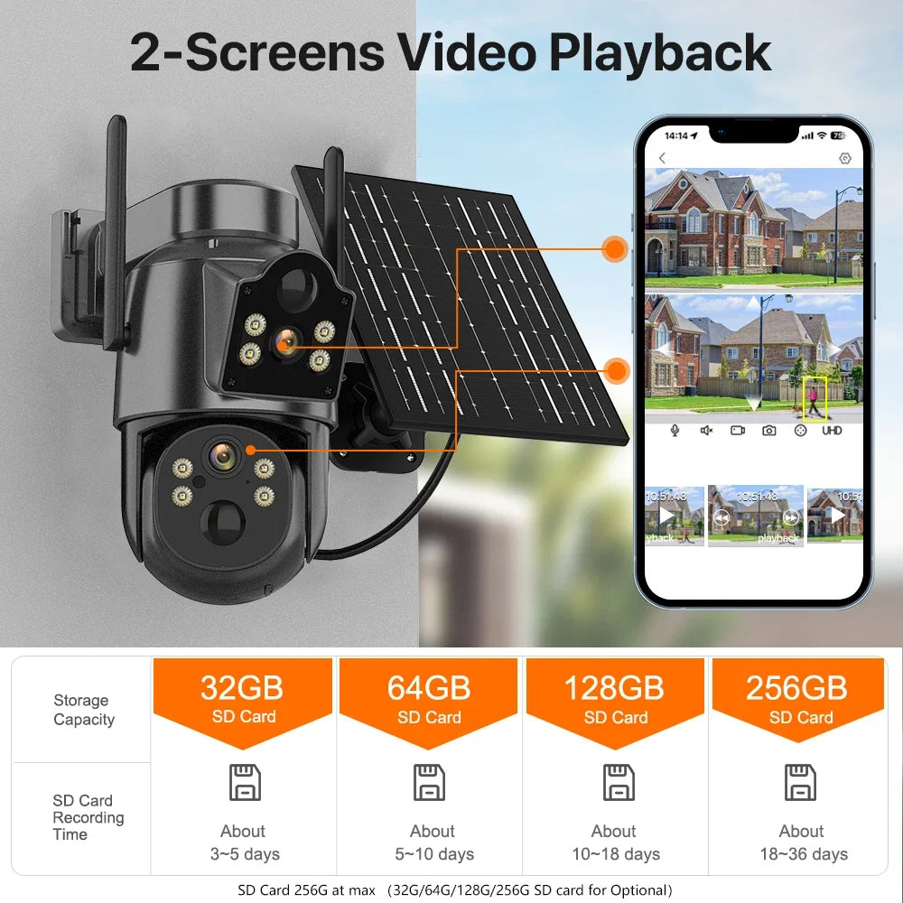   WiFi Solar PTZ IP Camera - Dual Lens Screen Outdoor Surveillance   