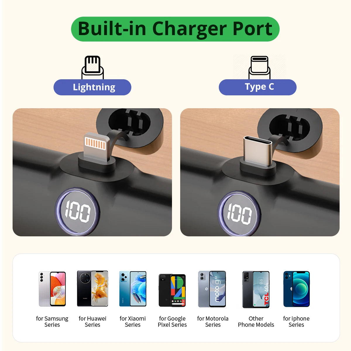   Portable Power Bank - 5000mAh, Built-In Cables, LED Lamp, Multi-Color   