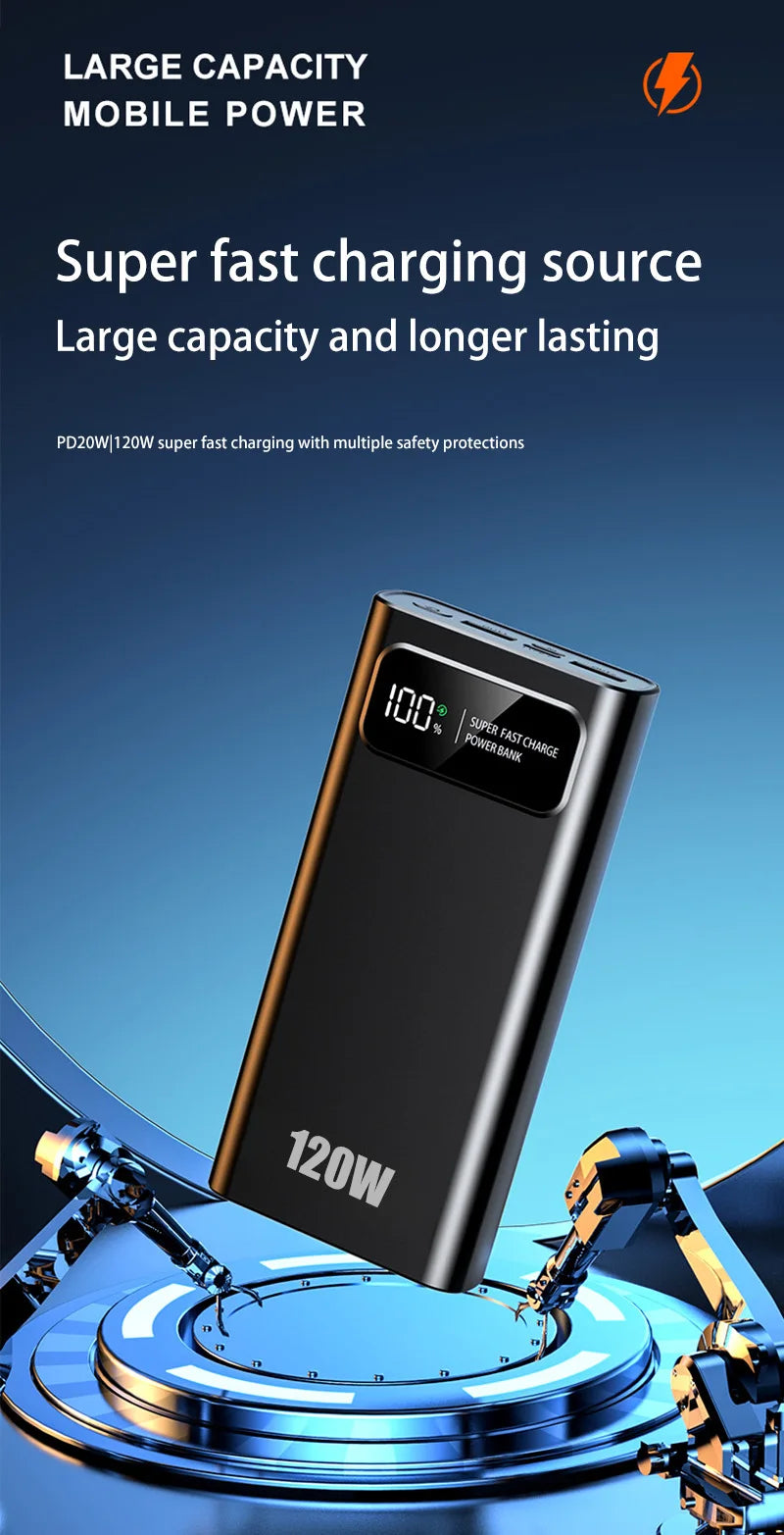   120W Fast Charging Black Power Bank with Dual USB-C and Display   