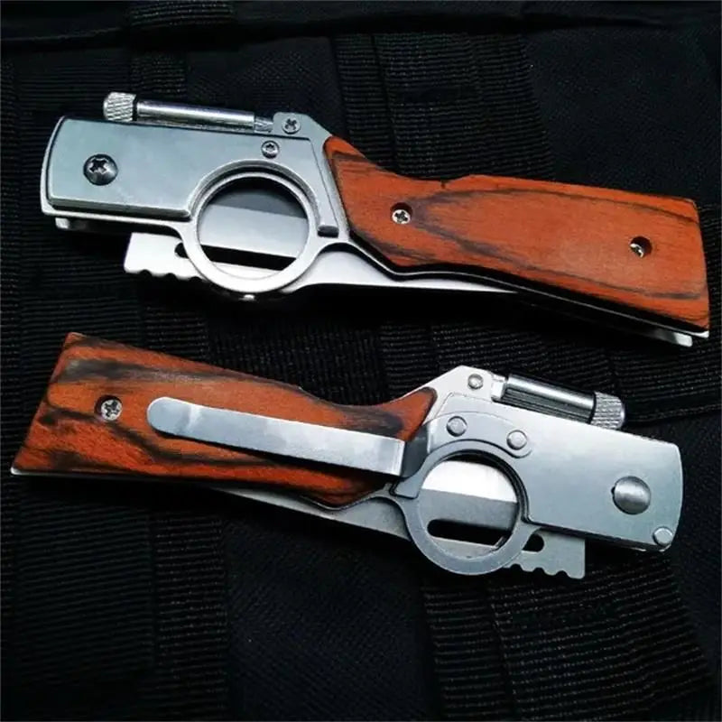  AK47 Shaped Pocket Tactical Folding Knives Wood Handle Stainless Steel Camping Outdoor Survival Knife EDC Tool With LED Light #
