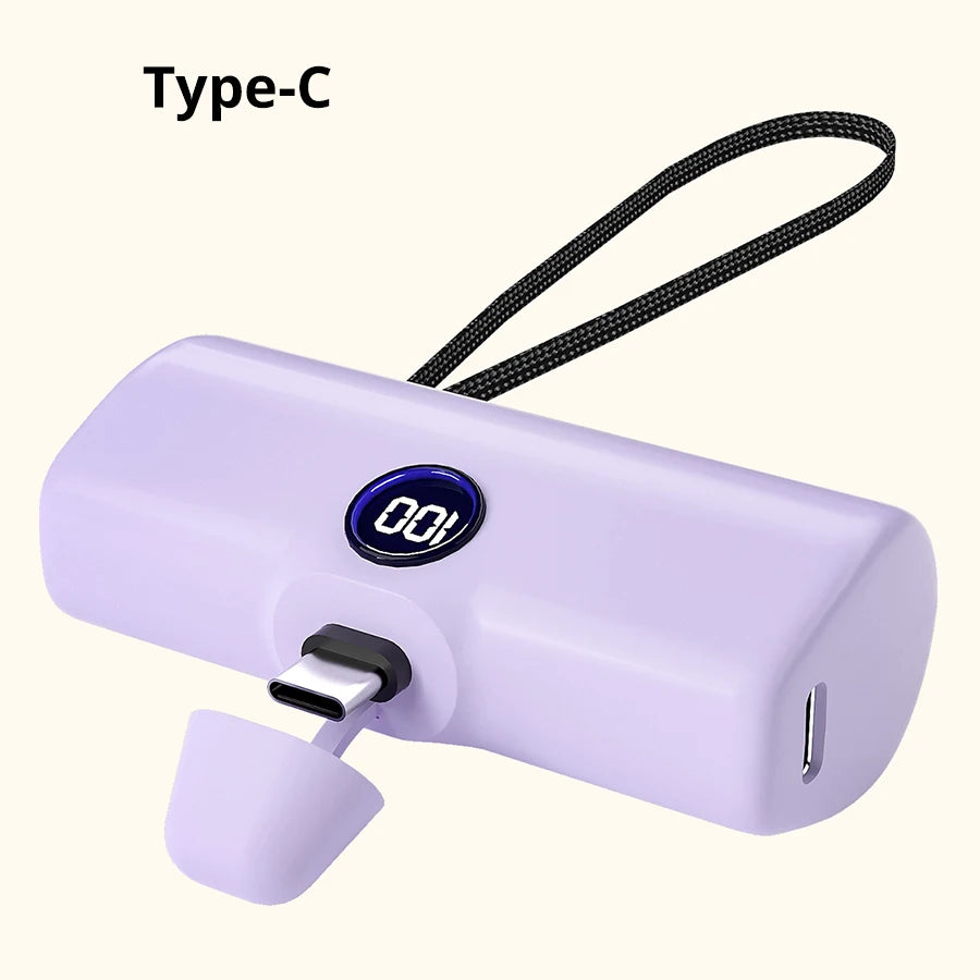   Portable Power Bank - 5000mAh, Built-In Cables, LED Lamp, Multi-Color   