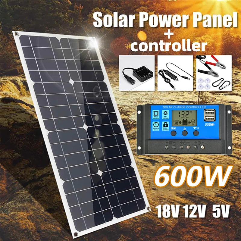  600W 18V Solar Panel Dual USB 12V/5V DC Single Crystal Flexible Solar Charger #