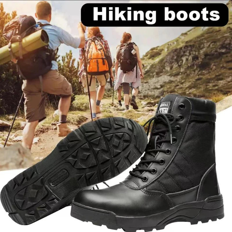  Men's Outdoor High-top Leather Boots Tactical Military Boots Black Thick-soled Shoes Lightweight and Wear-resistant Hiking Shoes 