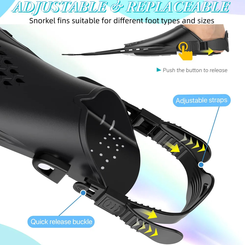   Adjustable Snorkel Fins – Comfortable, Quick-Release Buckles   