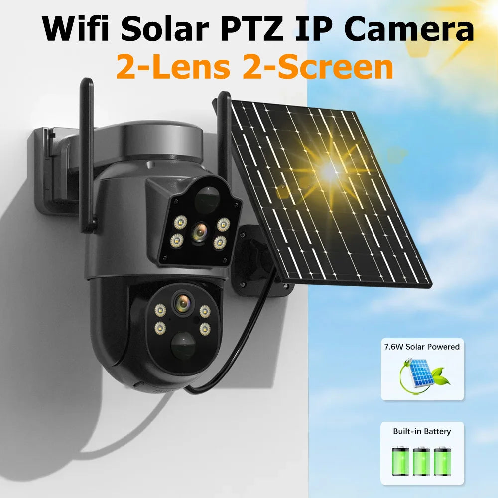   WiFi Solar PTZ IP Camera - Dual Lens Screen Outdoor Surveillance   