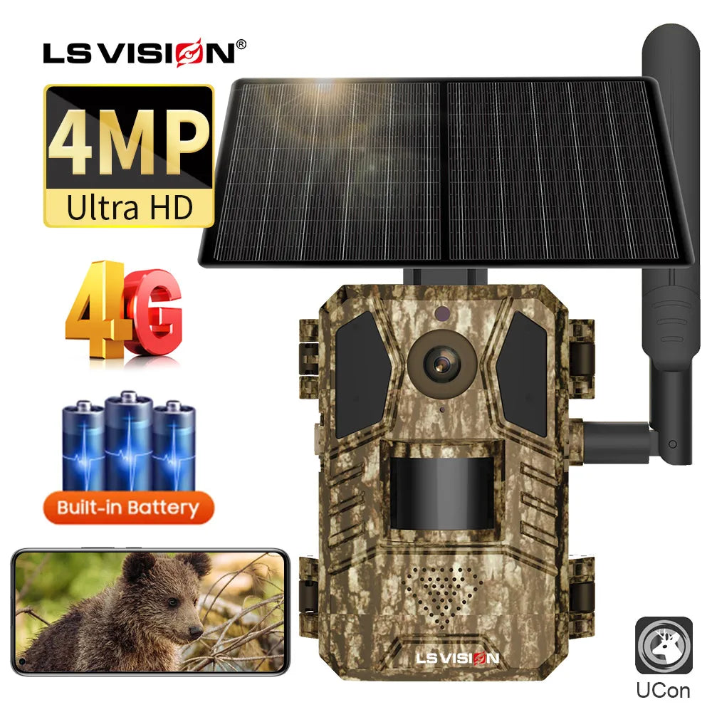  LS VISION Solar Hunting Trail Camera 14MP 4G SIM Card IP66 Waterproof 20M PIR Motion Detection Wildlife Camera IR Night Vision #