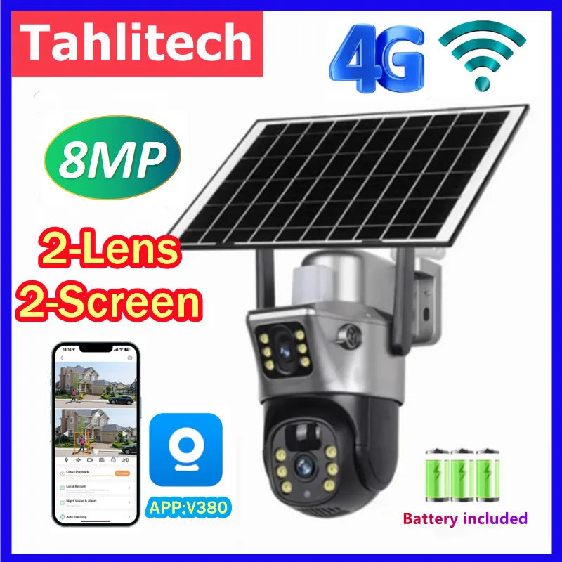  4K 8MP 4G Sim Card Solar Battery Camera Outdoor Wireless WiFi IP Cam Dual Lens Dual Screen Security Protection Surveillance CCTV 