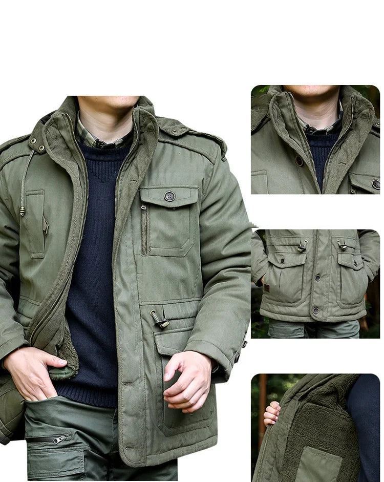   Men's Army Green Winter Jacket with Cargo Pockets and Sherpa Lining   