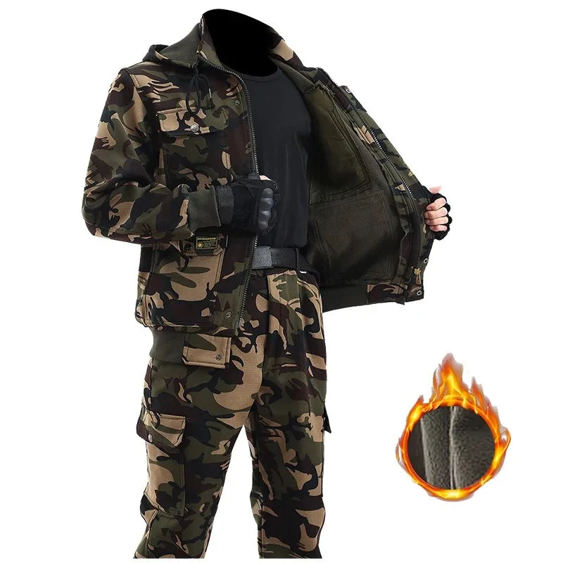  Men's 2-piece Set Outdoor Welder Jacket Trousers Winter Work Clothes Plus Velvet Thick Cotton Protective Clothing Camouflage 